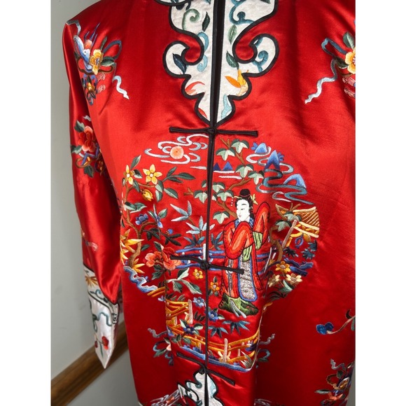 Vintage Chinese Silk Embroidered Robe Women Red Good Chinoiserie Duster Coat - Picture 4 of 14